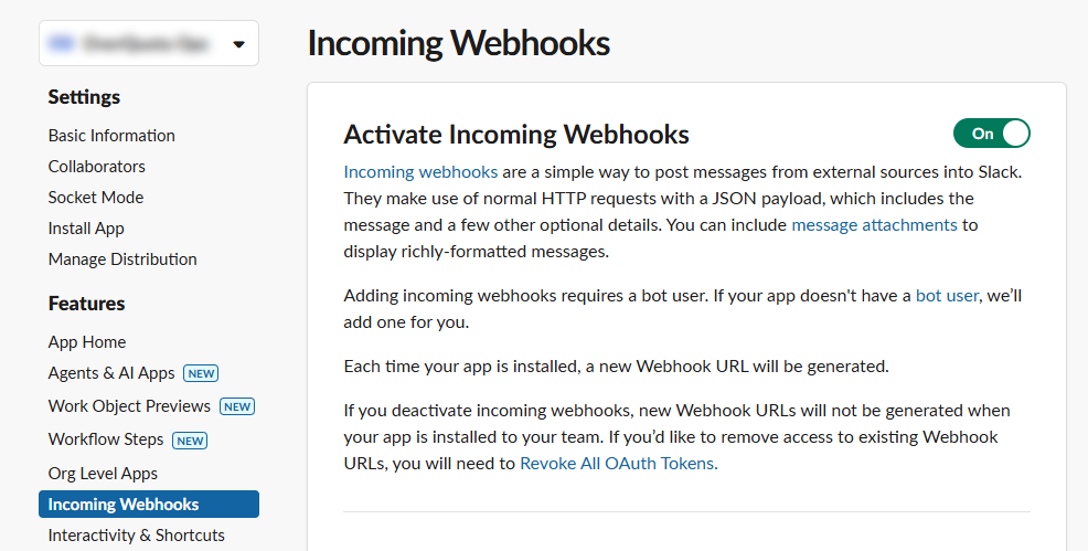 Slack app settings — Incoming Webhooks toggle turned on